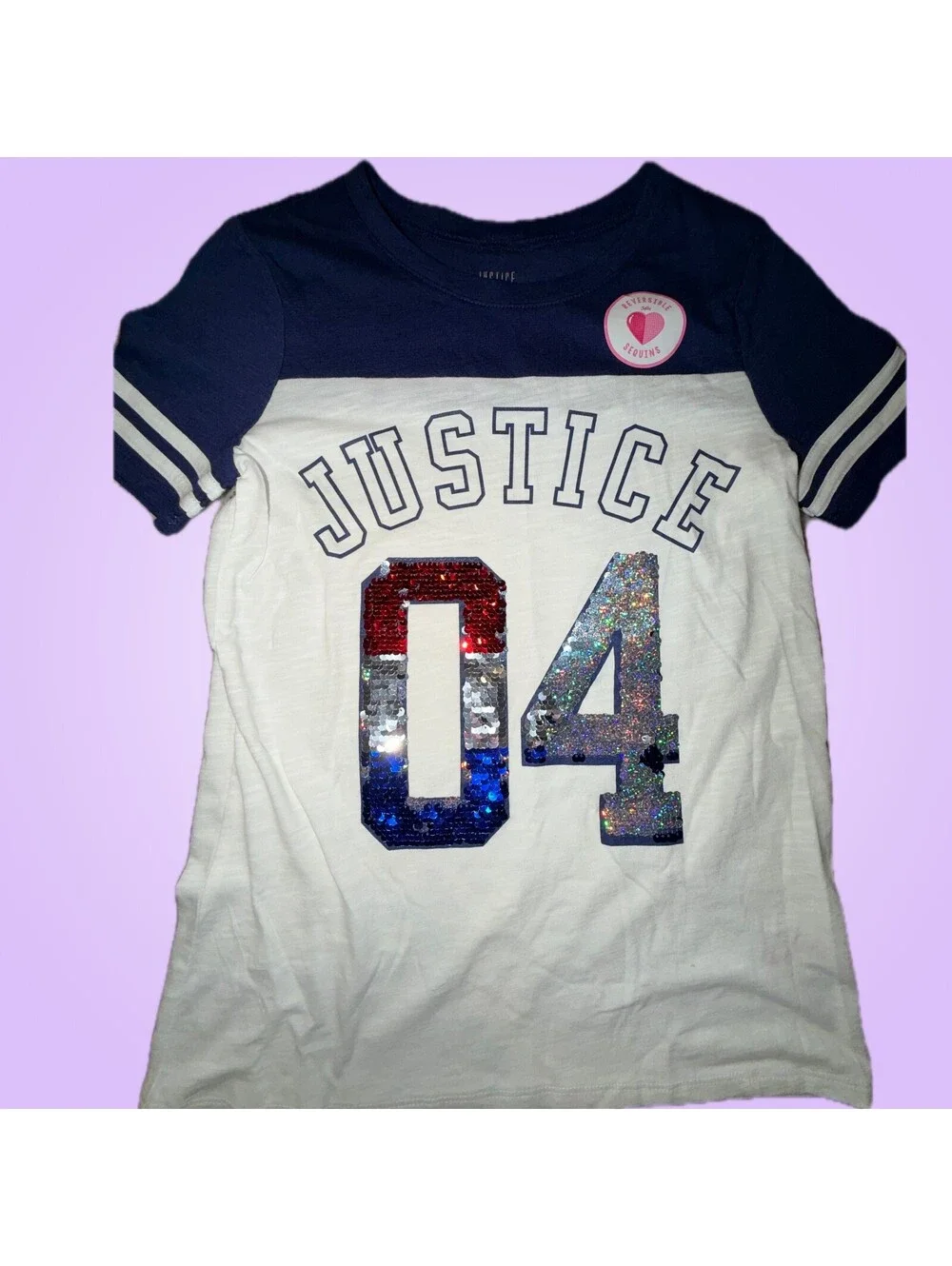Justice New Girls Size 10 Navy White Reversible Sequin 04 Graphic Shirt